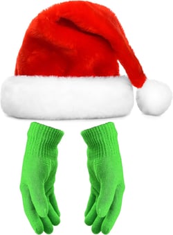 Christmas Red Santa Hat and Green Monster Gloves for Kid Adult Xmas Party Cosplay Costume Accessory