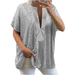 Women's Sequin Tops Glitter Shirt Loose Short Sleeve Tunic Tops Deep V Neck Sparkles Party Club Blouse Silver Small