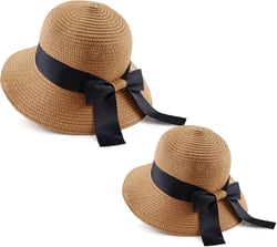 Zsedrut Women,Little Girls Straw Sun Hat Summer Beach Cap Foldable Visor Floppy Hats Wide Brim with Bowknot Mother+Child Khaki