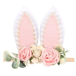 Baby Easter Bunny Ears Headband Birthday Pearl Flower Crown Spring Bunny Headband Floral Head Piece for Toddler (Pink Flower)