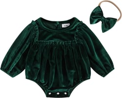 Baby Girl Christmas Velvet Romper Long Sleeve Smocked Jumpsuit with Headband Infant Fall Winter Photoshoot Outfits Green 6-12 Months