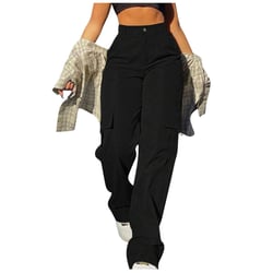 Cargo Pants Women Daily Elastic Waist Straight Solid Color Wide Leg Casual Pants Loose Cargo Women Trousers Black Large