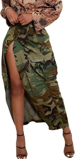 CHARTOU Women Camouflage Skirt Camo Maxi Pencil Skirt Bodycon Button Slit Cargo Skirt with Pocket X-Small Army Green