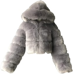Miyaomn Women's Fashion Solid Padding Faux Fur Crop Jacket Winter Warm Furry Long Sleeve Splicing Short Hooded Outerwear Tops Grey XX-Large