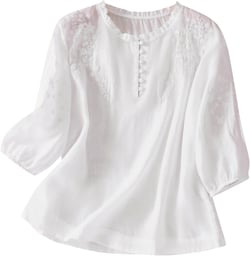 Women's 3/4 Sleeve Linen Shirts Vintage Lace Embroidery Gauze Tunic Blouse Lightweight Loose Hem Chiffon Tops A-08#white X-Large