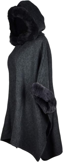 Women's Hooded Cloak Faux Rabbit Fur Cape Wrap Wool Coat Cardigan Poncho Warm One Size Dark Grey