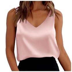 REDARER Satin Cami Top V Neck  Satin Tank Tops for Women Loose Fit Sleeveless V Neck Camisole Blouses Shirt Top Camisole Tops for Women Built in Bra Tank Top for Women Cami(Color:Pink,Size:2XL)