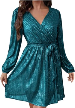 Wearhouse. Deals Long Sleeve Dress for Women Sequin Evening Party Gown Ladies Sexy Wrap V Neck Formal Dress Tunic Belted Green
