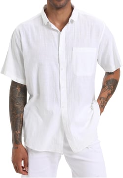 Men's Cotton Linen Beach Summer Shirts Casual Stylish Short Sleeve Button Down Regular Fit Dress Tops with Pocket X-Large White