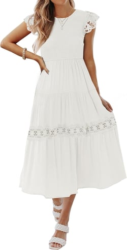 ZESICA Women's Casual Crew Neck Flutter Sleeve Smocked High Waist Hollow Out Lace Trim Tiered A Line Midi Dress Ivory Small