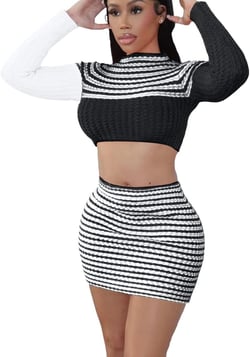 Women's 2 Piece Outfits Long Sleeve Splicing Leisure Stripe Suits Crop Top Bodycon Sweater Mini Skirt Set