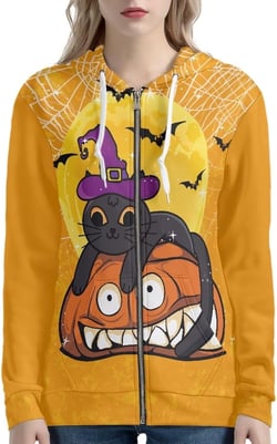 Xoenoiee Novelty Print Hoodie with Pocket for Women Long Sleeve Fall Oversized Sweatshirts Casual Hooded Jacket Large Trick Bats Cat Pumpkin