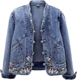 Butterfly Embroidery Denim Jacket for Women Long Sleeve Botton Up Coat with Pocket Trendy Fitted Fall Plain Autumn Outerwear XX-Large J89-blue