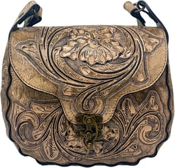 Mauzari Hand-Tooled Leather Saddle Bag Crossbody Purse for Women Tawny