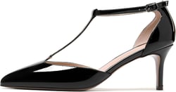 Mettesally Women's Kitten Heels Pointed Toe T-Strap D'Orsay Pumps Ankle Buckle Mid Thin Heels T-bar Slip On Party Dress Shoes 9 Black