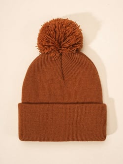 1pc Y2K Style Solid Color Knitted Beanie Hat With Pompom, Unisex Kids Winter Warm Casual Hat For Outdoor, Commuting
