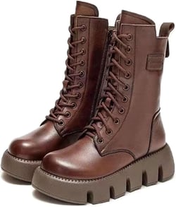 Lymphvity Platform Lace Up Combat Boots for Womens Fashion Round Toe Plush Lined Ankle Boots Side Zipper Warm Motorcycle Booties 8.5 Brown