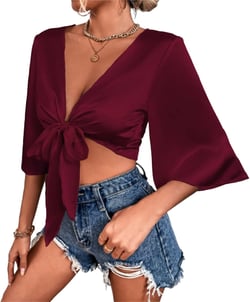 Womens Satin Silky Elegant Cropped Top Summer Sexy V Neck Criss Cross Wrap Tie Knot 3/4 Sleeve Solid Bandage Blouses X-Large Red