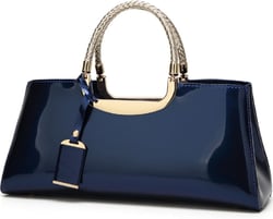 Glossy Women Handbag Faux Patent Leather Top-Handle Bag Structured Shoulder Bag Tote Evening Purse Party Satchel Blue