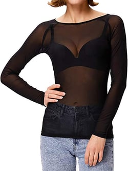 Women Sexy Sheer Mock Neck Shirt Stretch Mesh Tight Top Elegant Long Sleeve Fitted See Through Ladies Blouse Clubwear Medium Black
