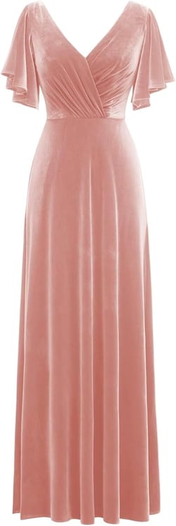 Flutter Sleeve Velvet Bridesmaids Dresses V Neck Women Wedding Long Bridesmaid Dresses for Fall 20 Pink