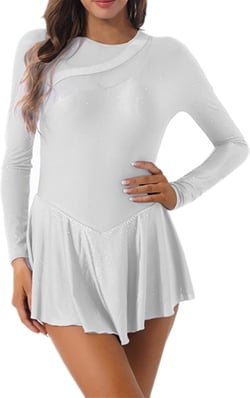 Lyrical Women's Adult Figure Ice Skating Dress Long Sleeves Spandex Gymnastics Leotard Dress Large White B