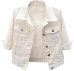 Women's Denim Jacket Casual Button Closed 3/4 Sleeve Jean Jacket Trucker Coats Autumn Spring X-Large White