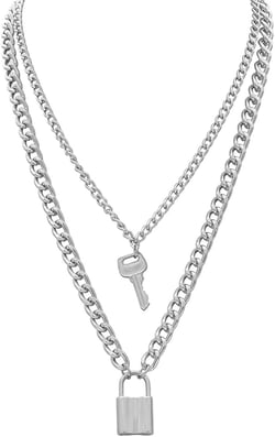 Salircon Silver Layered Necklace Aesthetic Punk Jewelry Lock and Key Thick Chain Necklaces for Women Men Edgy Jewelry Silver Lock Key Necklace