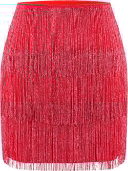 MANER Women’s Fringe Skirt Stretchy Sparkly Bodycon Tassel Trim Mini Skirt XX-Large Sparkly Red