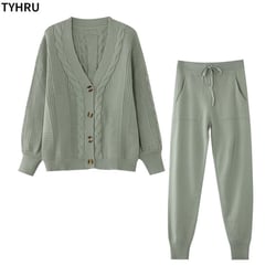 TYHRU Women Knitting 2-pieces sweater Suit Hemp Flower V-neck Single-Breasted cardigan + Pants lady winter sweater Set