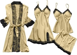 4PCS Womens Satin Silky Robe Sets Lingerie Sling Bathrobe Nightdress Shorts Pj Set Lace Short Vest Ladies Belt Pajama Small Gold