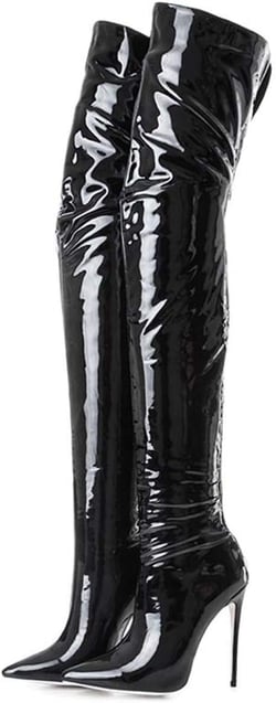 Women's Over The Knee Boots High Heels Zipper PU Leather Thigh High Boot 10 Black B