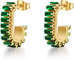 Green Crystal huggie gold hoop earrings for women Girls,14K Gold Plated with 925 Sterling Silver Post color Cubic Zirconia dainty cute Earrings| CZ Stud Earring Green stone