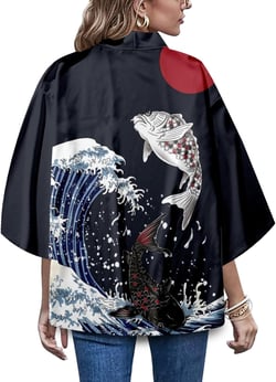 LAI MENG FIVE CATS Women's Loose fit Japanese Koi Fish Print Kimono Cover up Casual Tops One Size Black 1