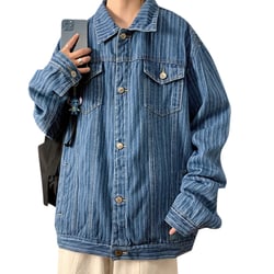 Retro Jacket Men Autumn Oversized Jacket Denim Casual Long Sleeve Striped Lapel Coat Streetwear