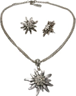 Traditional bavarian jewelry set chain necklace and earrings rhinestone Edelweiss, Women costume jewelry, traditional german flower pendant, Dirndl, Oktoberfest (antique silver color)