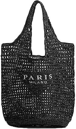 Straw Beach Bag for Women, Woven Tote Bag Hollow Shoulder Bag Large Hobo Bag Handbag Summer Travel Bag Black