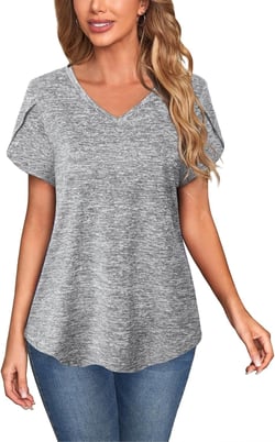 MISS FORTUNE Womens V-Neck Short Sleeve Activewear T-Shirt Petal Sleeve Casual Athletic Moisture Wicking Fitness Tops Medium Light Gray