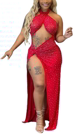 2 Piece Outfits for Women Party Club Sequin Rhinestone Clubwear Night Out Date Sexy Dress Set Medium 00-red