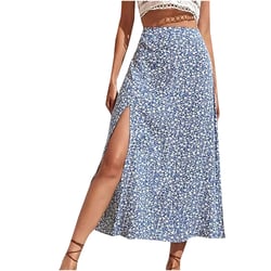 BLVB Women's Boho Floral Print Side Split High Waist Midi Skirt Summer Beach A Line Swing Long Skirts for Women