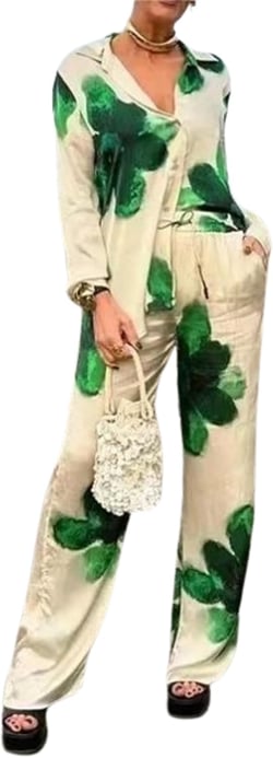 Pokn Women's Lounge Sets Summer Athleisure Sets Women 2 Piece Set Floral Print Turn-Down Collar Shirt Wide Leg Pants
