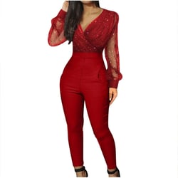 jsaierl Deep V-Neck Sequin Sparkly Outfits for Women Clubwear Party Dressy Formal Jumpsuits Straight Leg Long Sleeve Jumpers Red Medium
