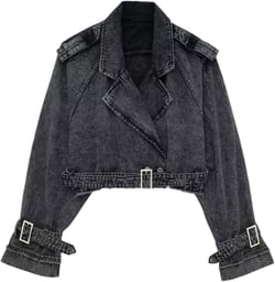 Women Oversized Drape Shoulder Button Down Belted Denim Jacket Loose Crop Boyfriend Jean Jacket Coat Medium Black