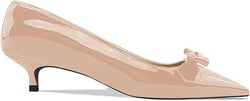 LEMUTISME Women's Stylish Pointed Toe Patent Leather Comfort Slip On Dressy Low Kitten Heel Cute Bow Pumps Shoes 12 Nude
