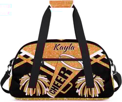 Personalized Girls Gym Cheerleading Bag Sport Duffle Bag, Custom Name Carry On Weekender Bag for Women Men Travel Vocation Business Trip, Orange Glitters Black Color 15