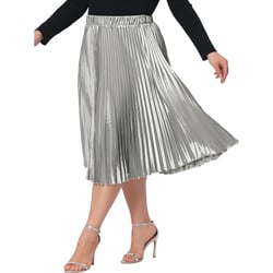 Agnes Orinda Women's Plus Size Halloween Pleated Stretched High Waist Metallic Shiny Midi Circle Skirts Silver 3X