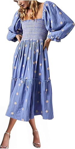 Hvyesh 3/4 Puff Sleeve Square Neck Smocked Flowy Midi Dress, Summer/Fall Boho Dresses for Women Wedding Guest 2024 X-Large 01# Blue