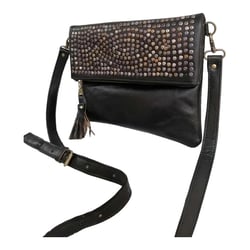 Stylish Moroccan Large Leather Clutch Bag Studded Design Crossbody bag with Tassel Handmade Sustainable Bag Colorful Clutch Bag for women (Black)