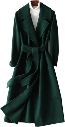 Women's 100% Wool Trench Coat Classic Notched Lapel Cashmere Mid-Long Jacket Autumn and Winter Woolen Overcoat Outwear with Belt,Green,S Small Green