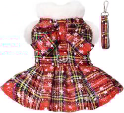 Christmas Dog Harness Dress with Leash Set Red Plaid Puppy Sweaters for Small Dogs Girl Winter Warm Pet Clothes Outfits Cute Bowknot Doggy Apparel Cat Holiday Xmas Party Costume (X-Small, Red)